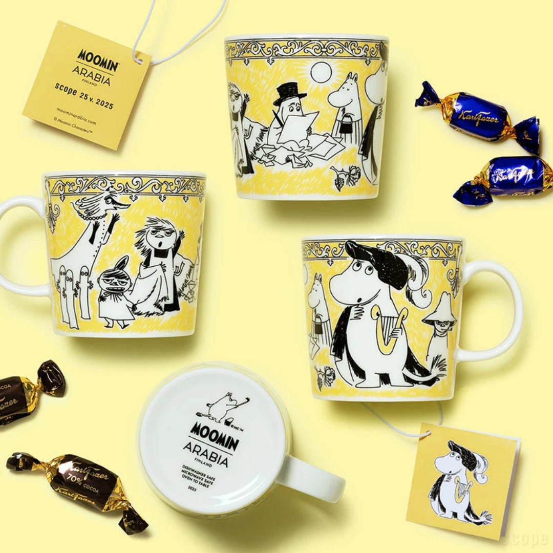 Moomin Arabia Opera mug 2025 featuring Moomintroll, Snufkin and Moomin characters